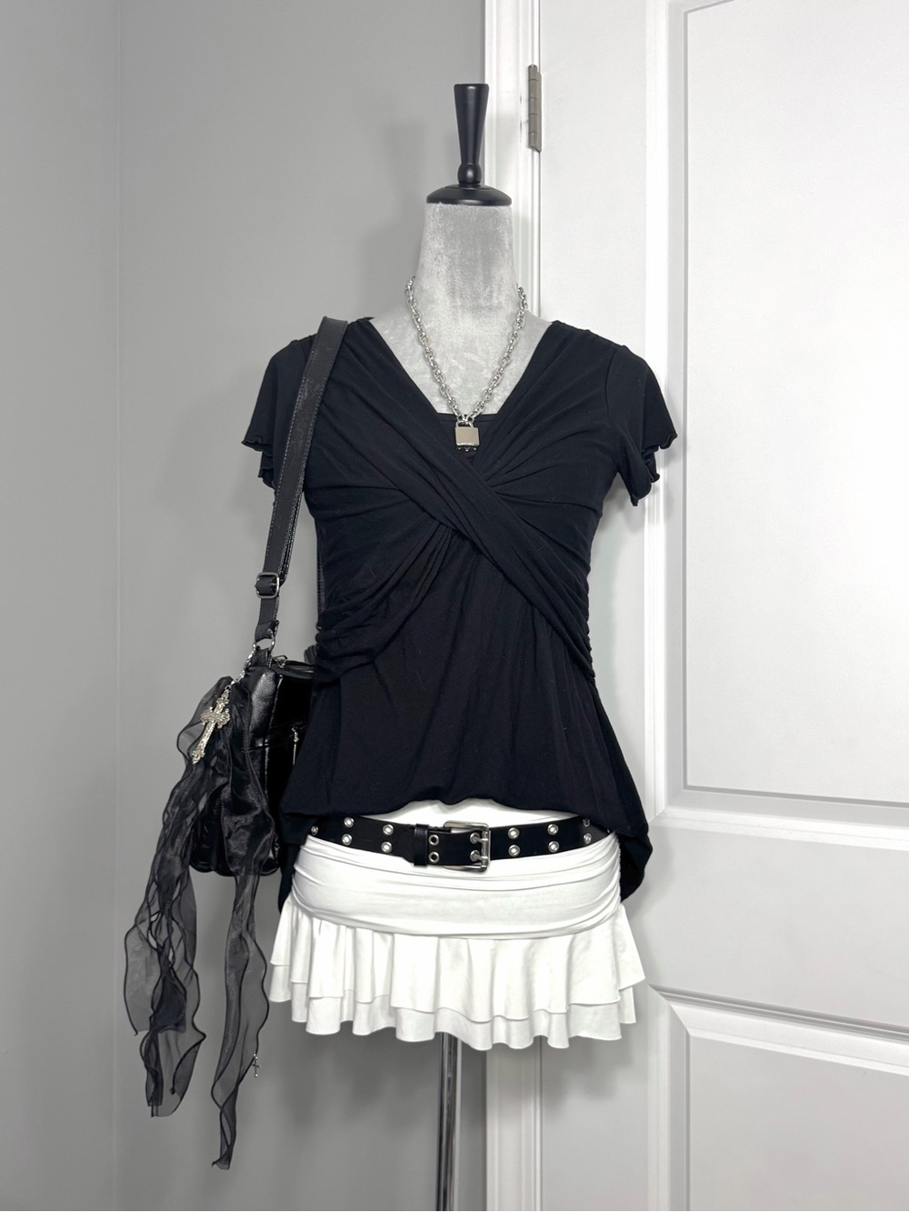 Y2K Black Twisted Front Scalloped Trim Wrap Top